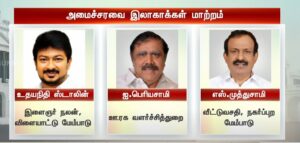  அமைச்சராக பதவியேற்ற உதயநிதி ஸ்டாலினுக்கு இளைஞர் நலன், விளையாட்டு மேம்பாட்டு துறை, சிறப்பு திட்ட அமலாக்கம் மற்றும் வறுமை ஒழிப்பு துறை ஒதுக்கீடு செய்யப்பட்டிருக்கிறது.